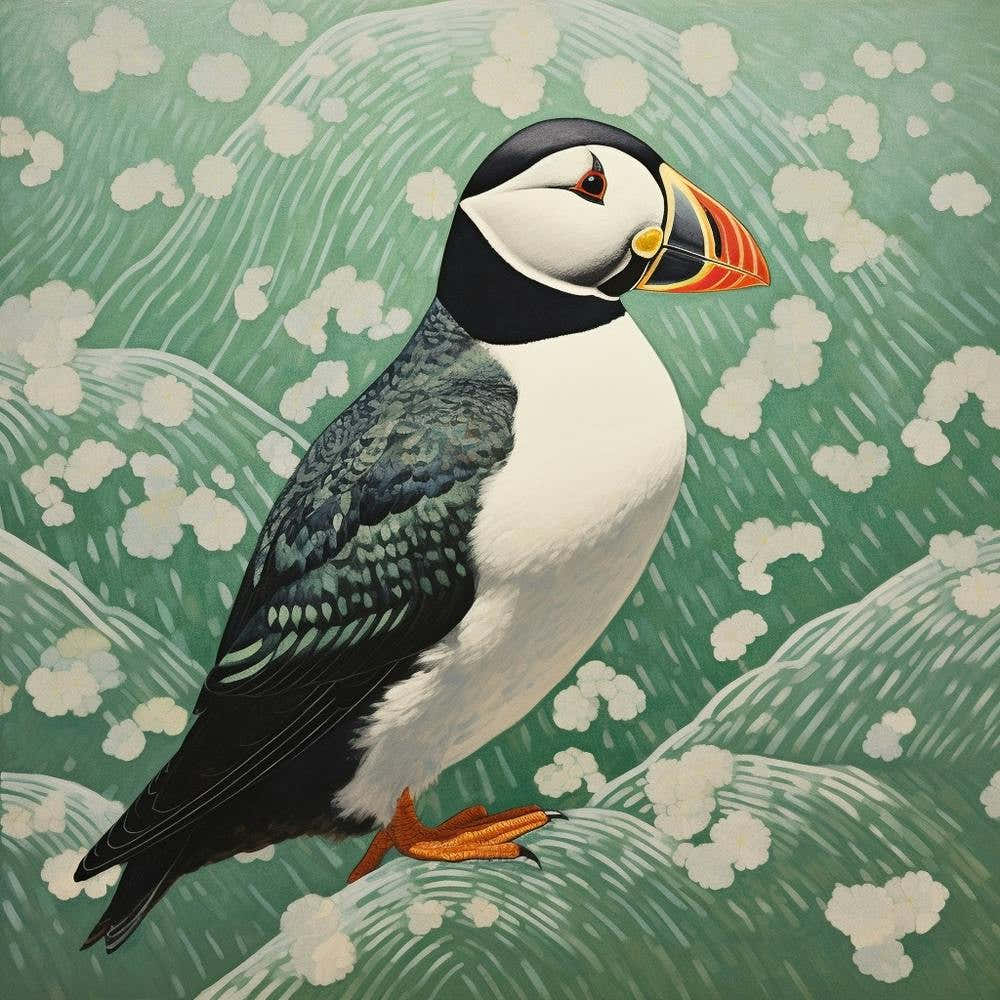 Ohara Koson Inspired Bird Painting Puffin 2 Square