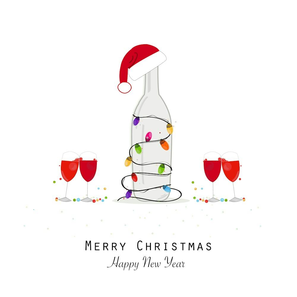 Christmas Champagne Bottle With Colorful Light Bulb And Santa Claus Hat