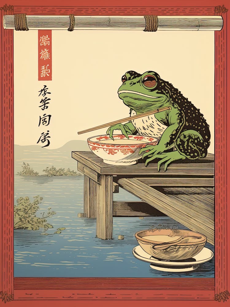 Frog Eating Ramen, Matsumoto Hoji Inspired Japanese Woodblock 1