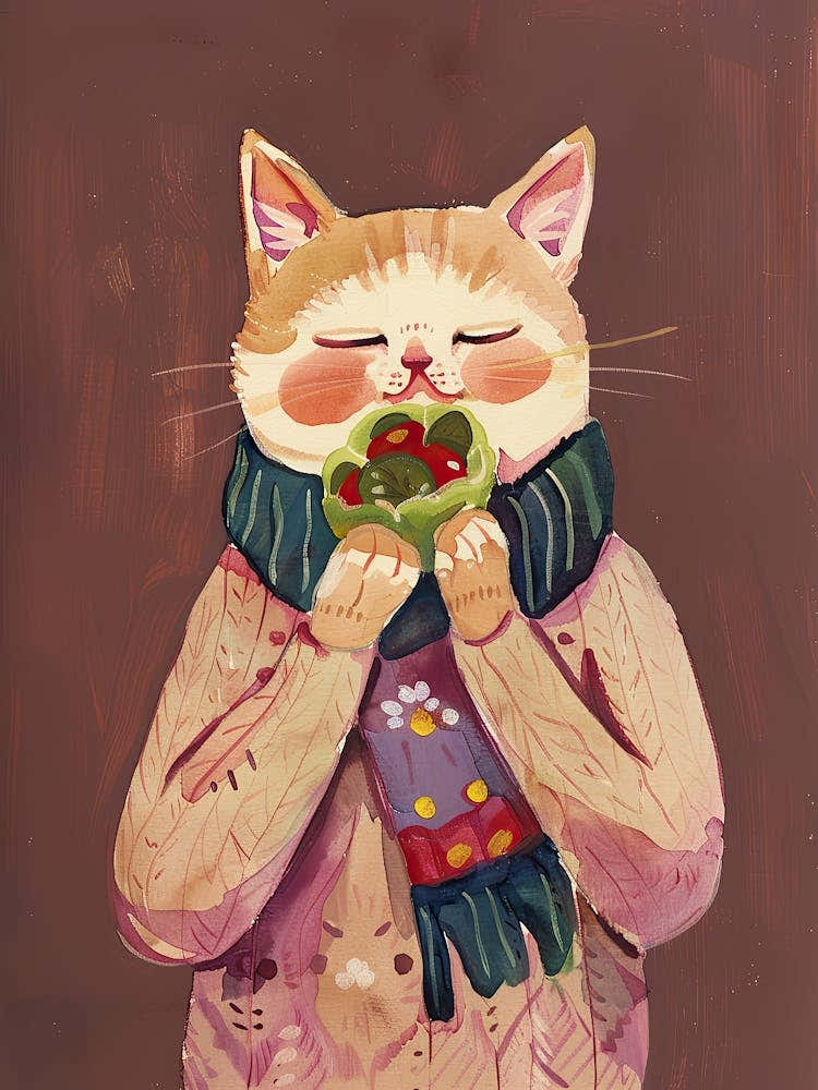 Cute Tan Cat Eating A Salad Folk Illustration 4