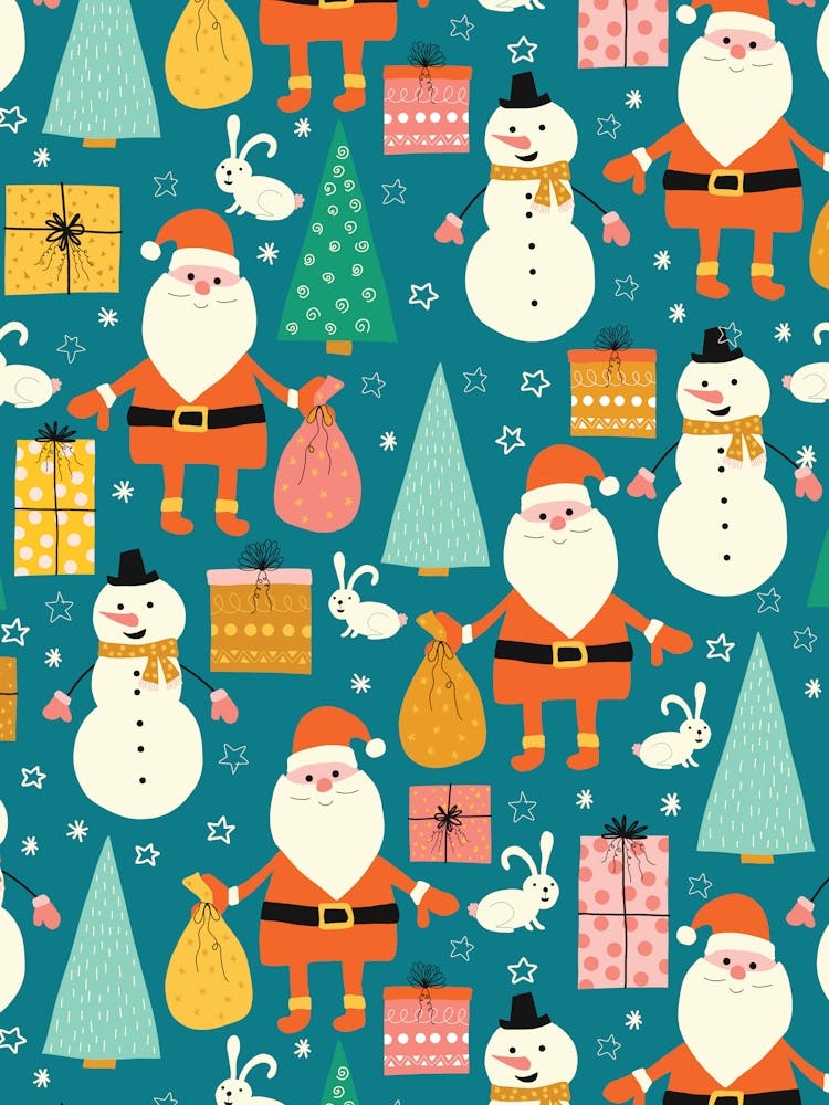Happy Christmas Forest with Santa, Snowmen, and Rabbits on Teal Blue