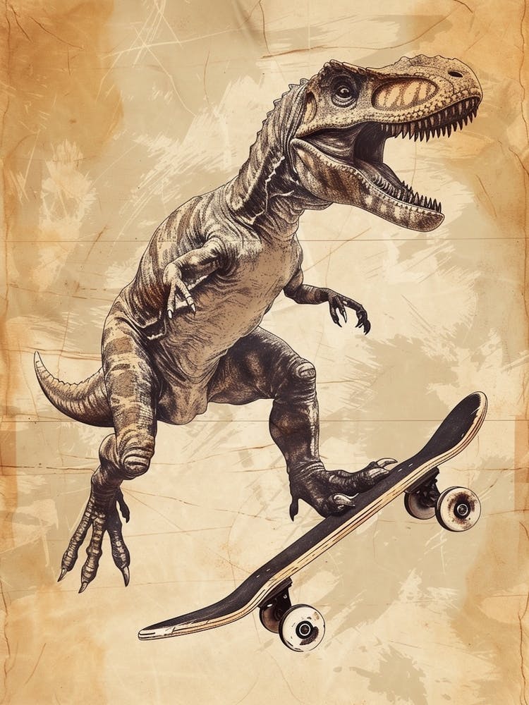 Vintage Deinonychus Dinosaur On A Skateboard   4