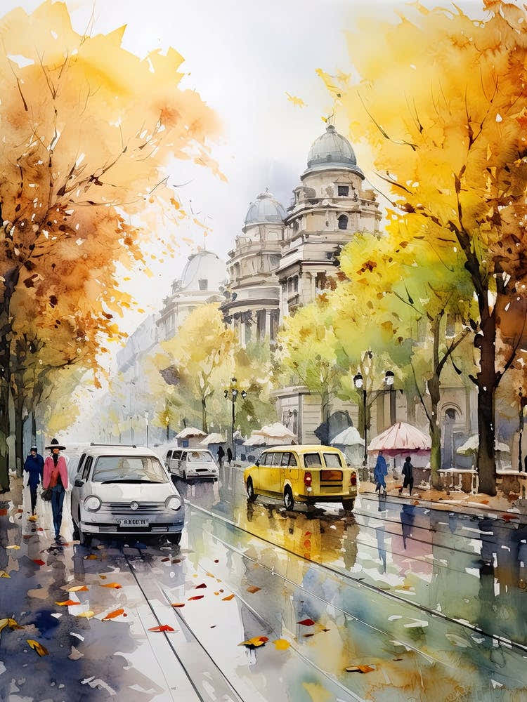 Bucharest Romania In Autumn Fall, Watercolour 3