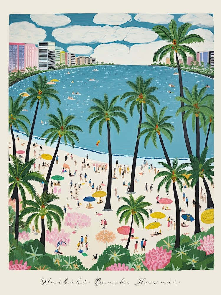 Poster Of Waikiki Beach, Honolulu, Hawaii, Matisse And Rousseau Style 3
