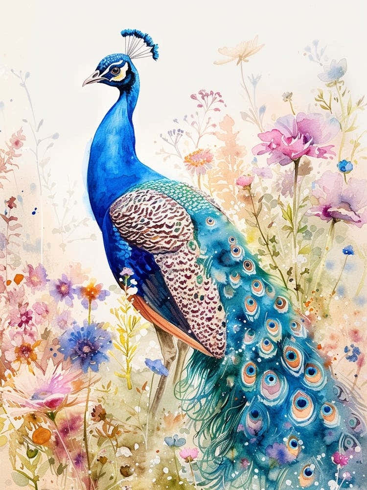Peacock In A Floral Meadow Watercolour 1