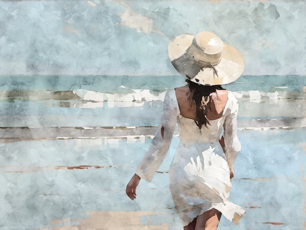 Woman Walking On The Beach Blue and White Coastal Watercolor