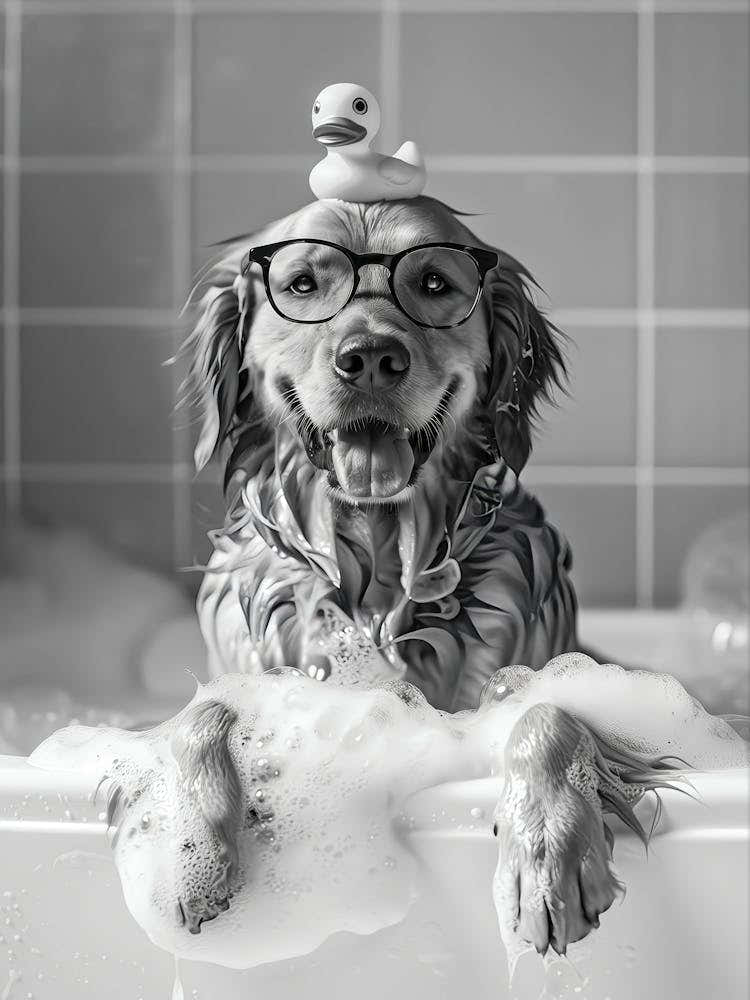 Golden Retriever Bath Wall Art, Dog In Bubble Bath Tub, Black And White Print, Dog Owner Gift, Funny Dog Poster, Bathroom Wall Decor