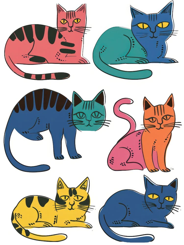 Colourful Cats Illustration Poster Retro Modern Cute Cartoon