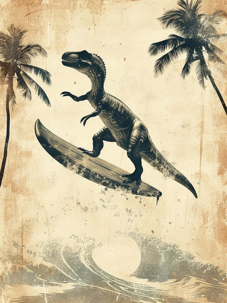 Vintage Utahraptor Dinosaur On A Surf Board 1