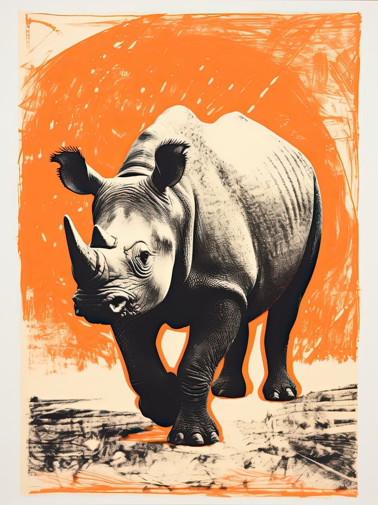 Black Rhinoceros, Woodblock Animal Drawing 4