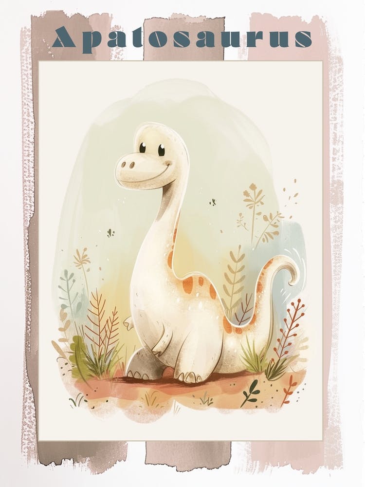 Cute Cartoon Apatosaurus Dinosaur Watercolour 1 Poster
