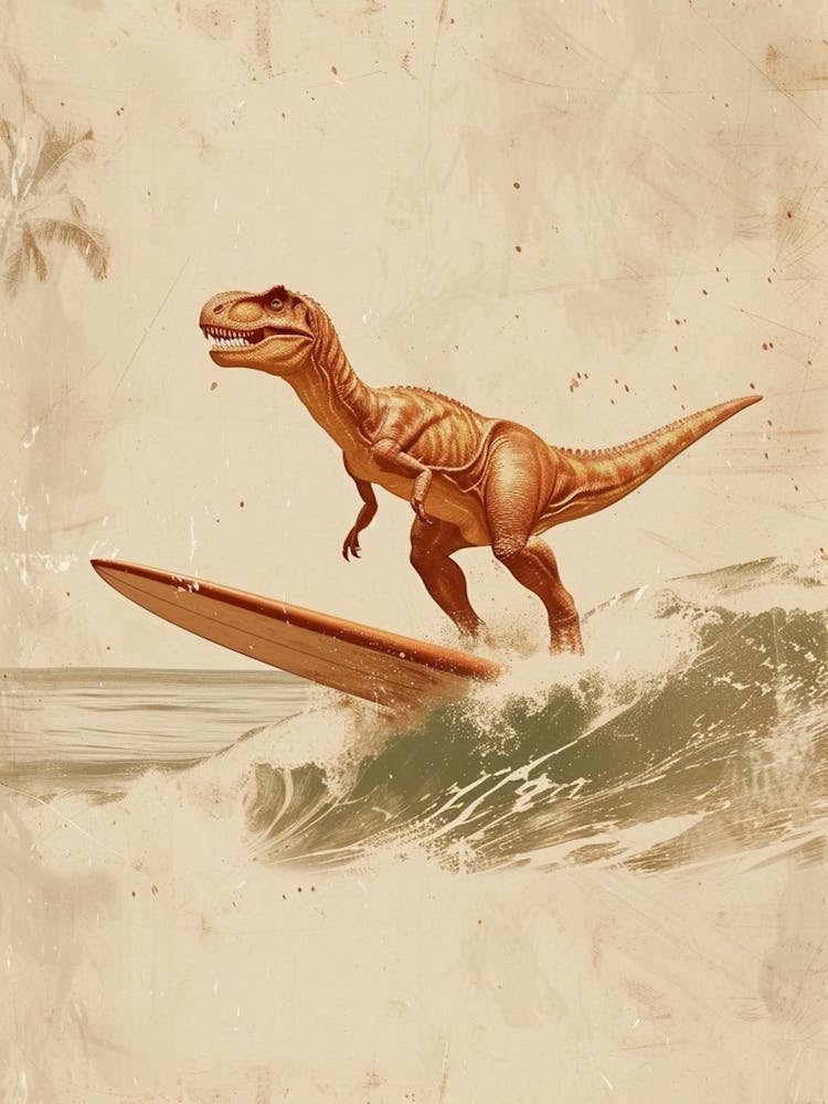 Vintage Troodon Dinosaur On A Surf Board 3