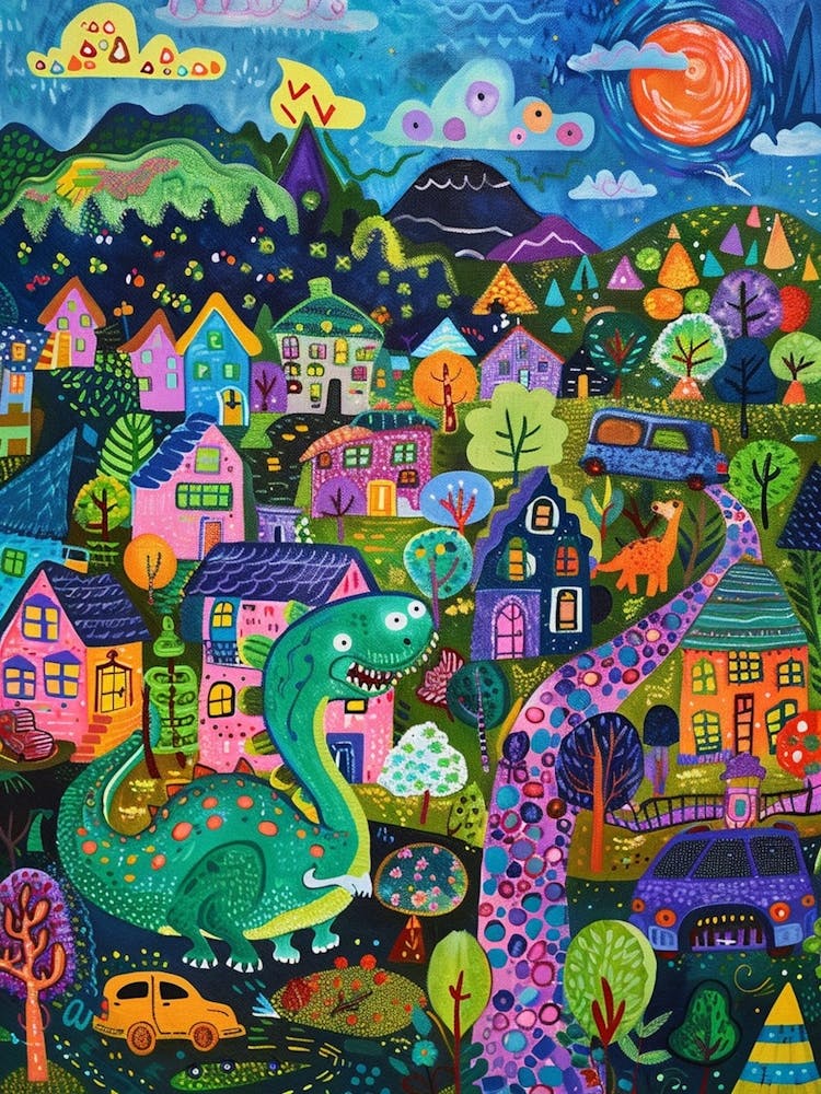 Cute Colourful Dinosaur In A Village 1