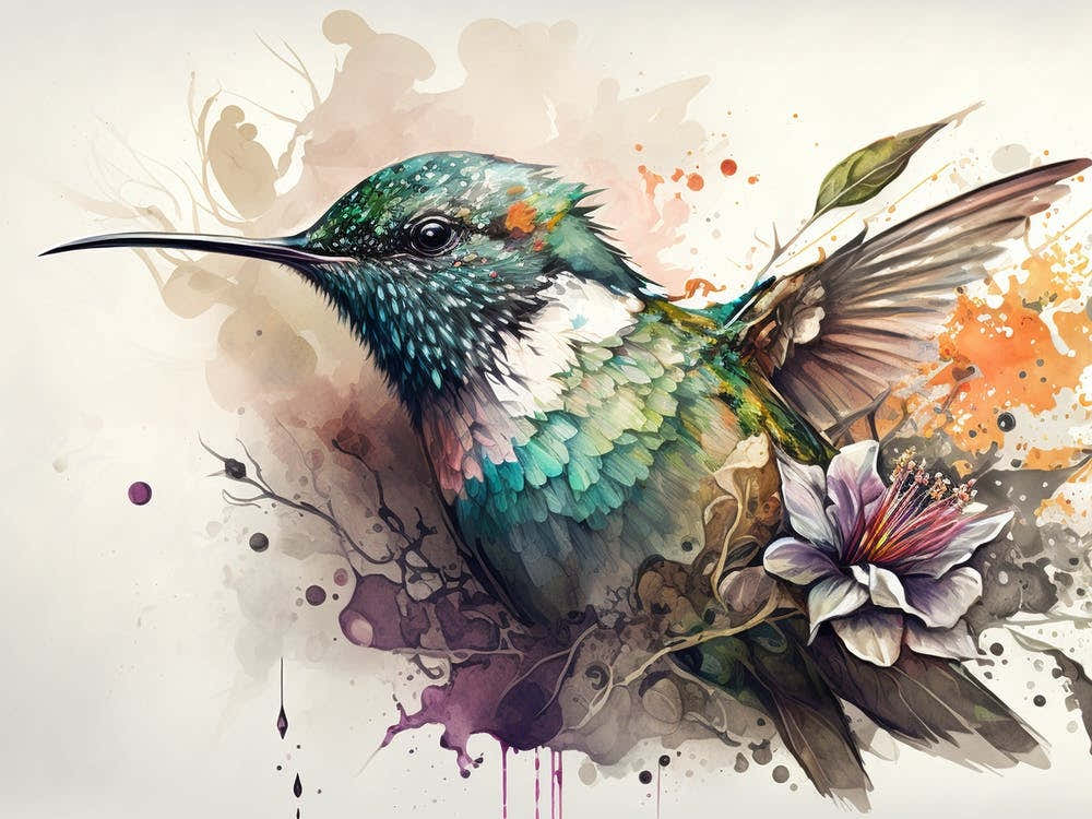 Flying Hummingbird Watercolor Abstract