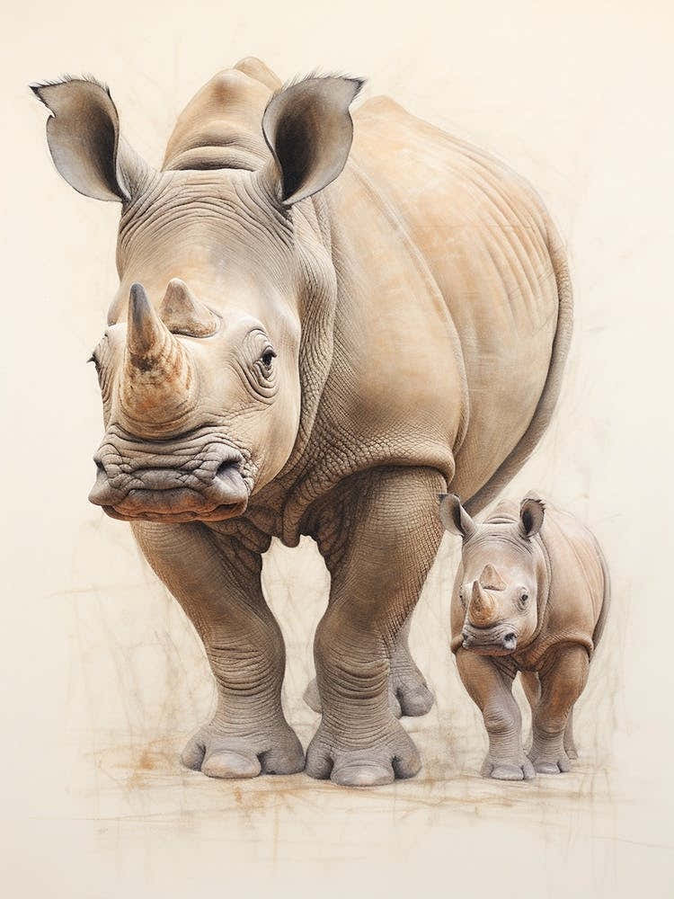 Rhino & Baby Rhino Sepia Illustration 2