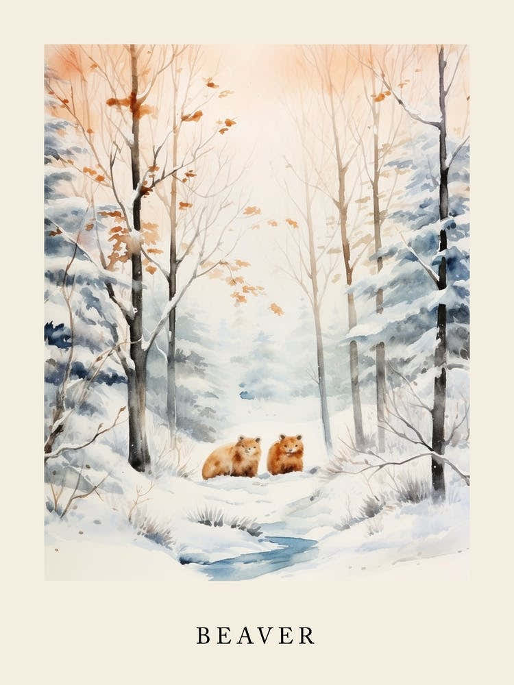 Winter Watercolour Beaver 1 Poster