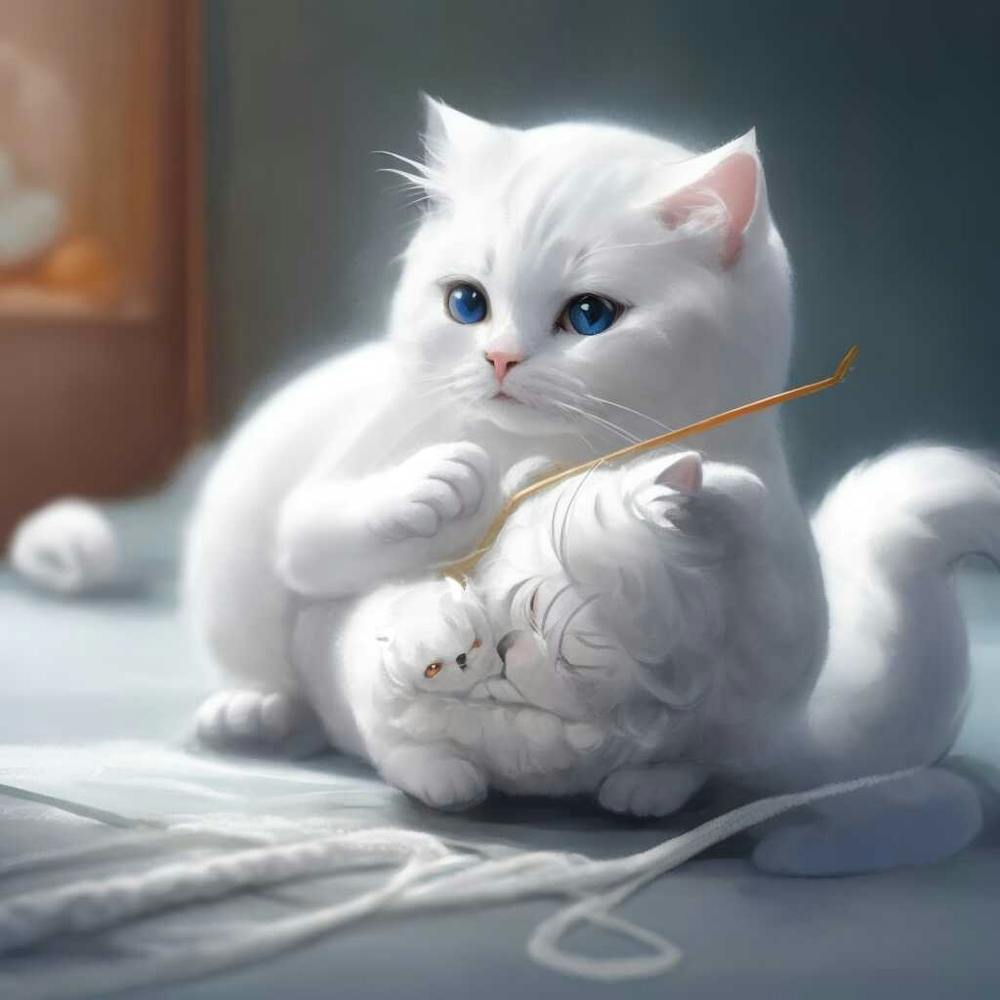 A Little White Cat Playing With Knitting