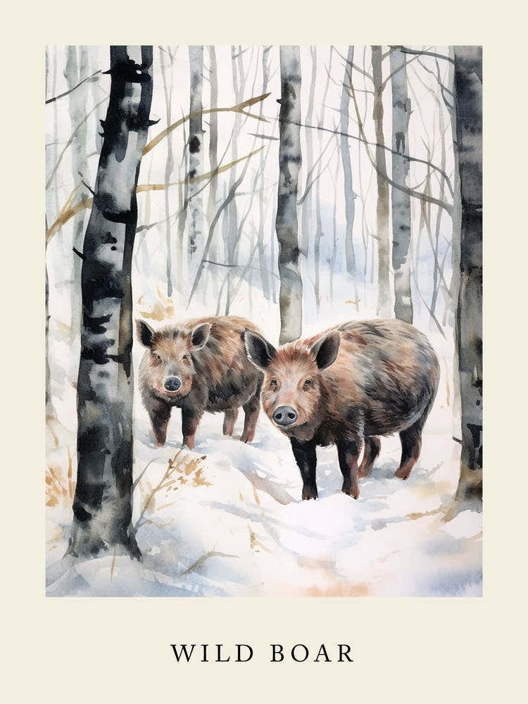 Winter Watercolour Wild Boar 2 Poster