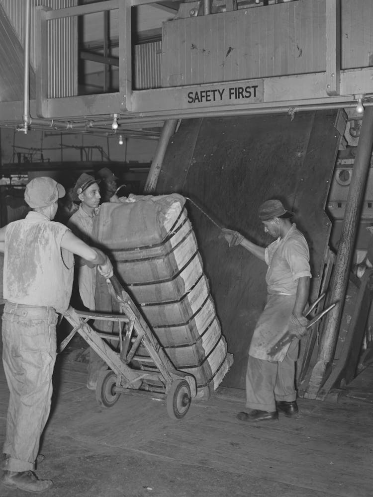 Guiding Compressed Bale Of Cotton Onto Hand Truck, Compress, Houston, Texas By Russell Lee