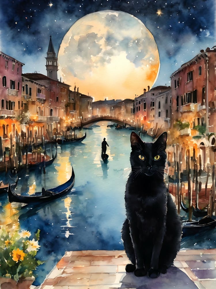 Black Cat in Venice - Iconic Blue Canals and Gondolas on a Full Moon Dreamy Cityscape  Traditional Watercolor Kitty Travels Home and Room Wall Art Cool Decor Klimt and Matisse Inspired Modern Awesome Cool Unique Pagan Witchy Witches Familiar Gift For Cat Lady Animal Lovers World Travelling Genuine Works by British Watercolour Artist Lyra O'Brien