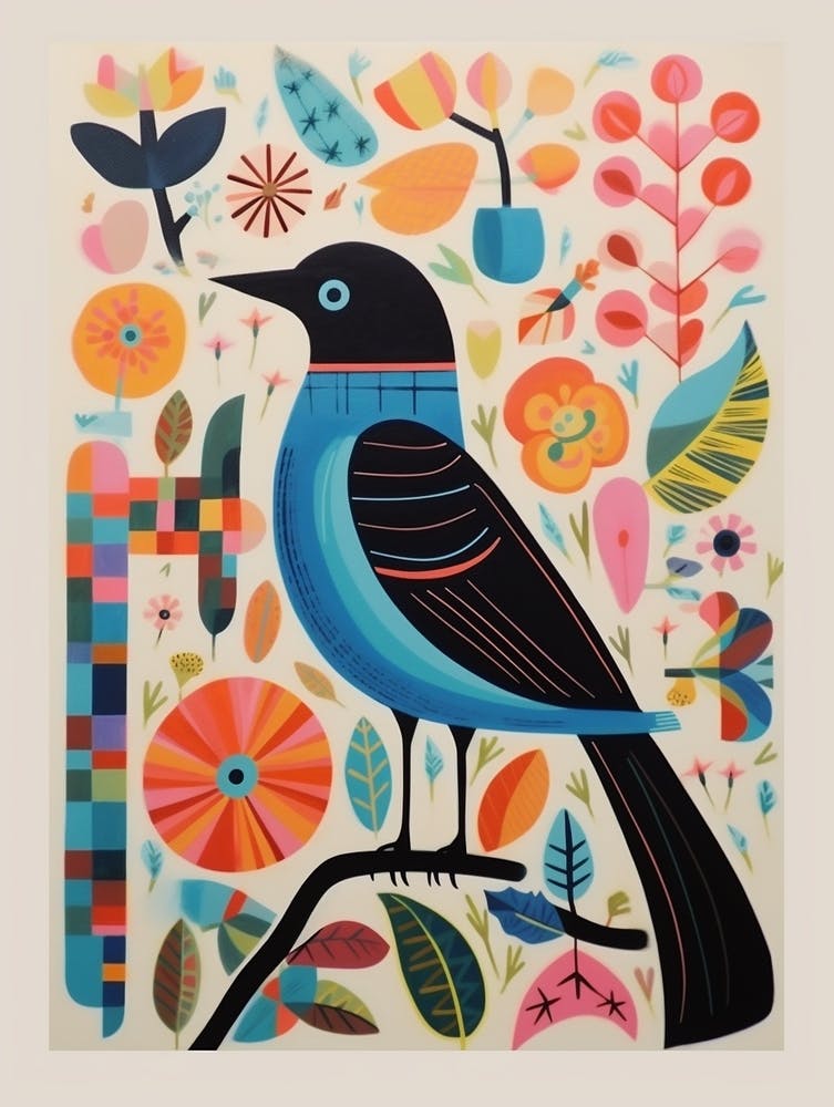 Colourful Scandi Bird Blackbird 1