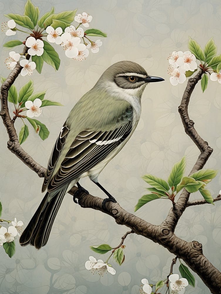 Ohara Koson Inspired Bird Painting Mockingbird 1