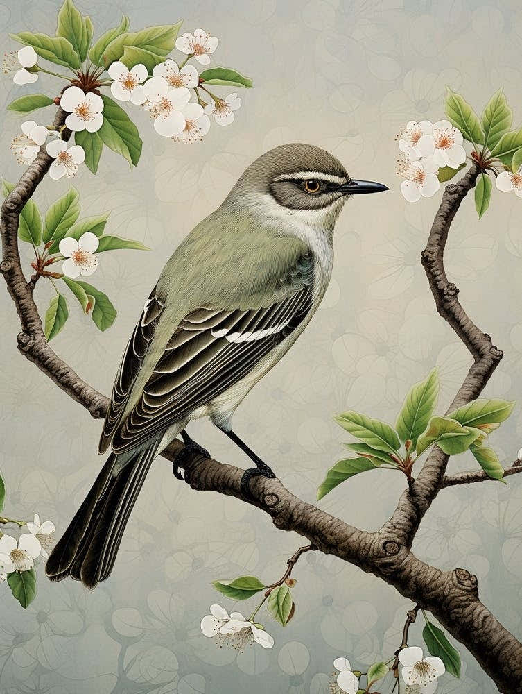 Ohara Koson Inspired Bird Painting Mockingbird 1