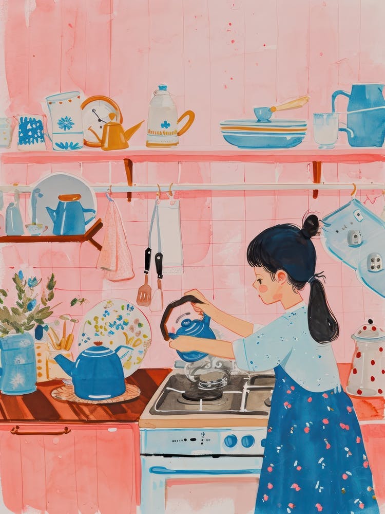 Girl Putting The Kettle On Lo Fi Kawaii Illustration 6