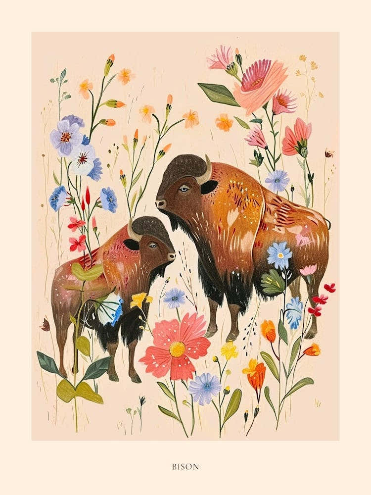 Folksy Floral Animal Drawing Bison 4 Poster