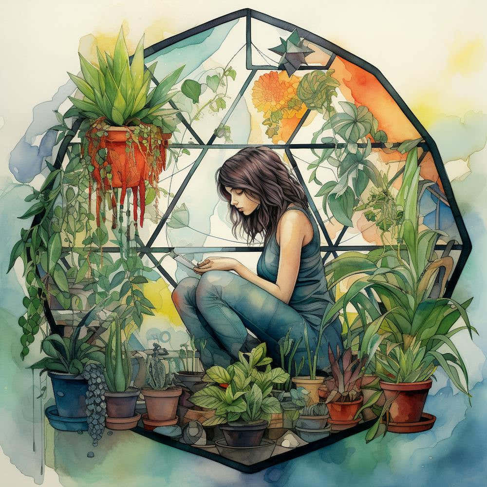 Girl In A Geometric Terrarium With Plants Watercolour and Ink