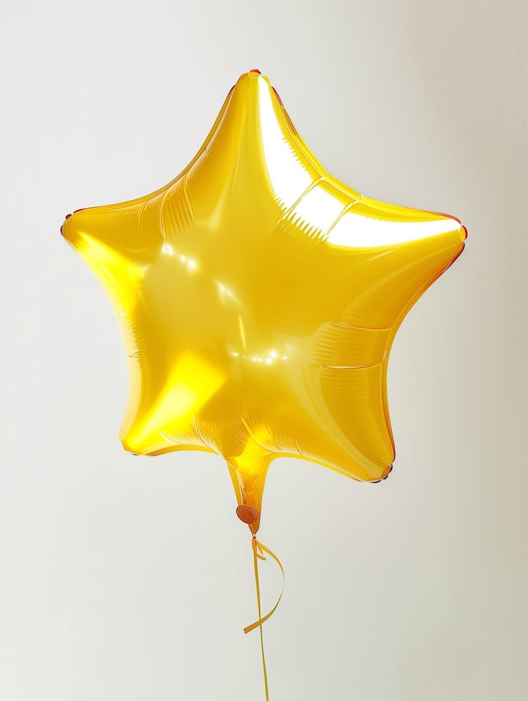 A Star Shaped Balloon Flying In The Air, Inflatable Star, Star Balloon, Summer Atmosphere, Close Up, Yellow Color, Transparent Plastic, Bulging And Breathable, Translucent Overlap, Minimalist Photography, Transparent Opaque Style, Wh