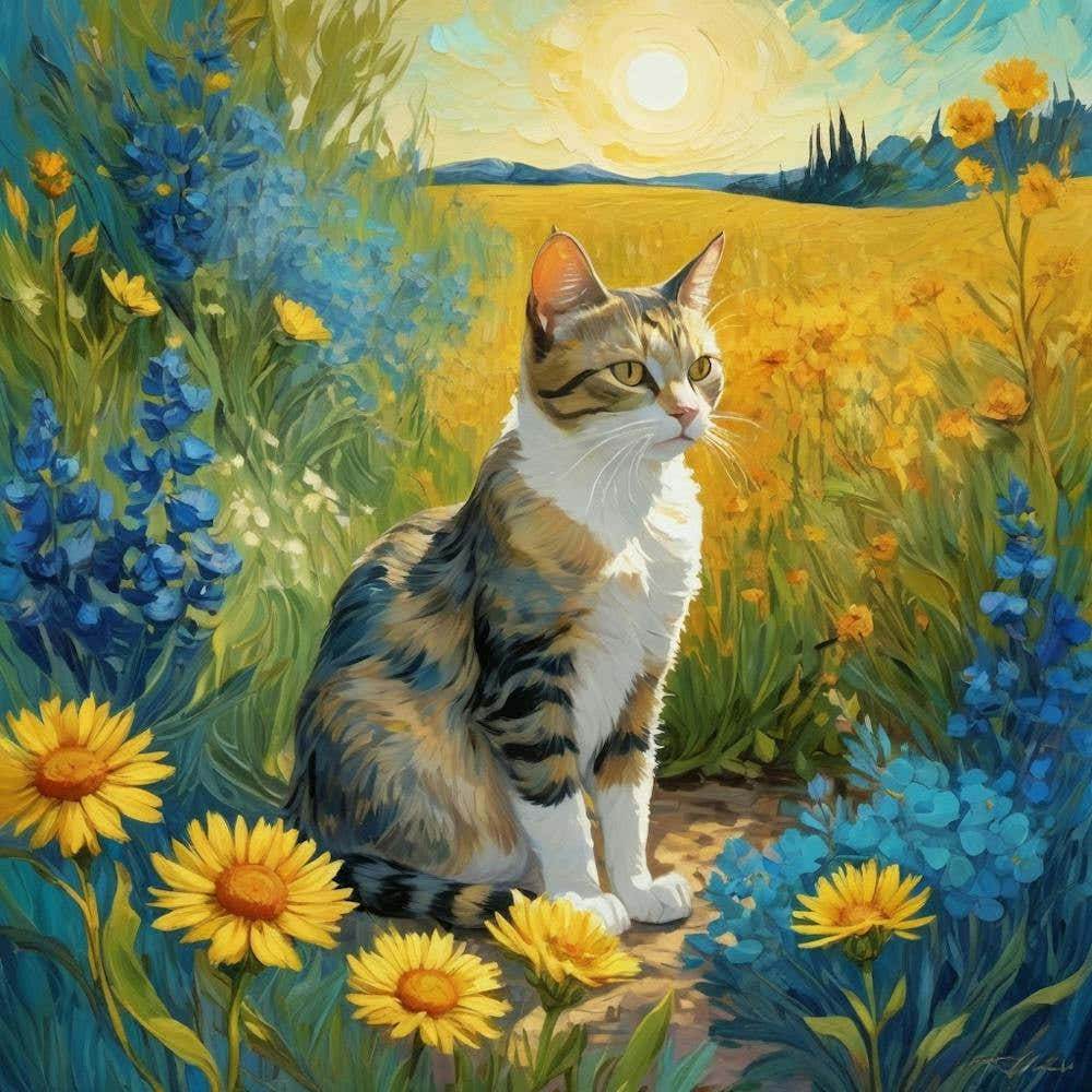 Cat and sunflowers 1