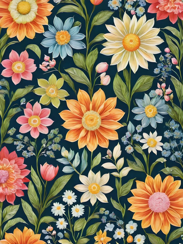 Painted Spring and Summer Flowers Boho Pattern - Navy Background Pink Yellow Blue Bohemian Wallpaper Art Like Amy Butler and William Morris Fabric Print For Lunar Pagan Gallery Feature Wall Floral Botanical Luna Lover HD