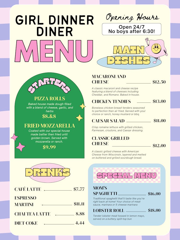 Girl dinner menu