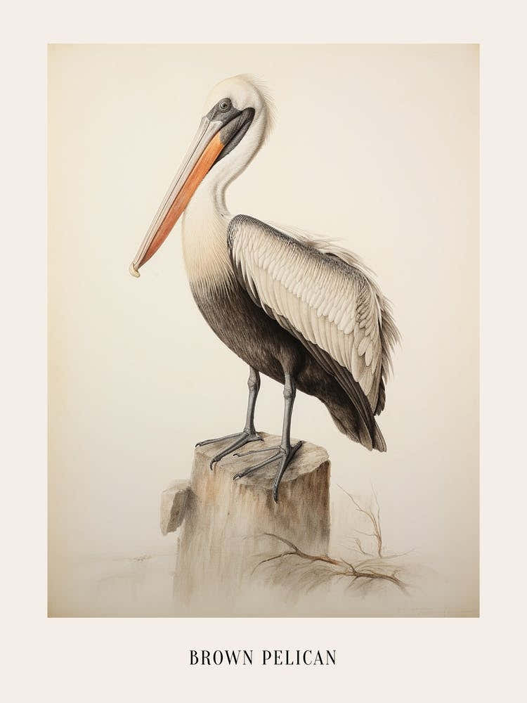 Vintage Bird Drawing Brown Pelican 1 Poster