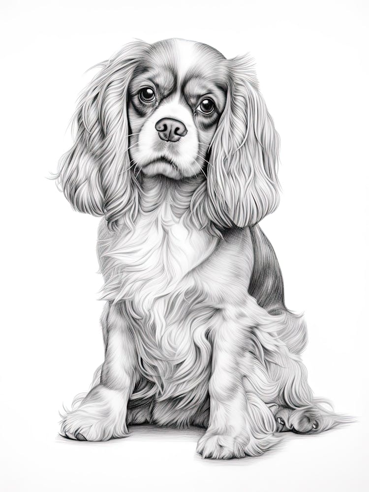 Cavalier King Charles Spaniel Dog, Line Drawing 3