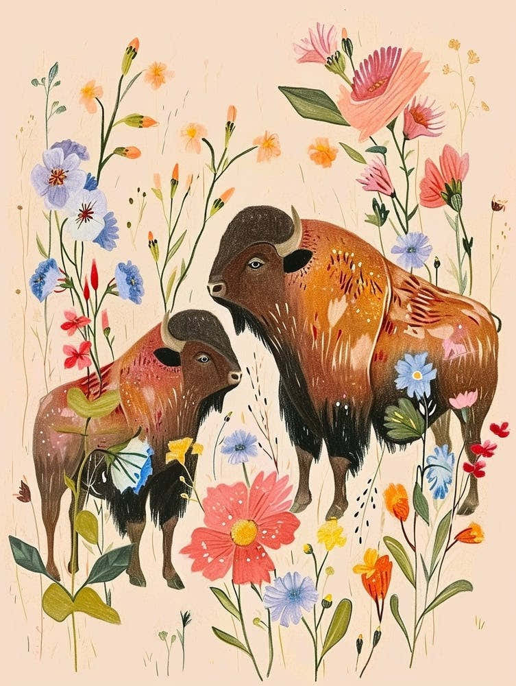 Folksy Floral Animal Drawing Bison 4
