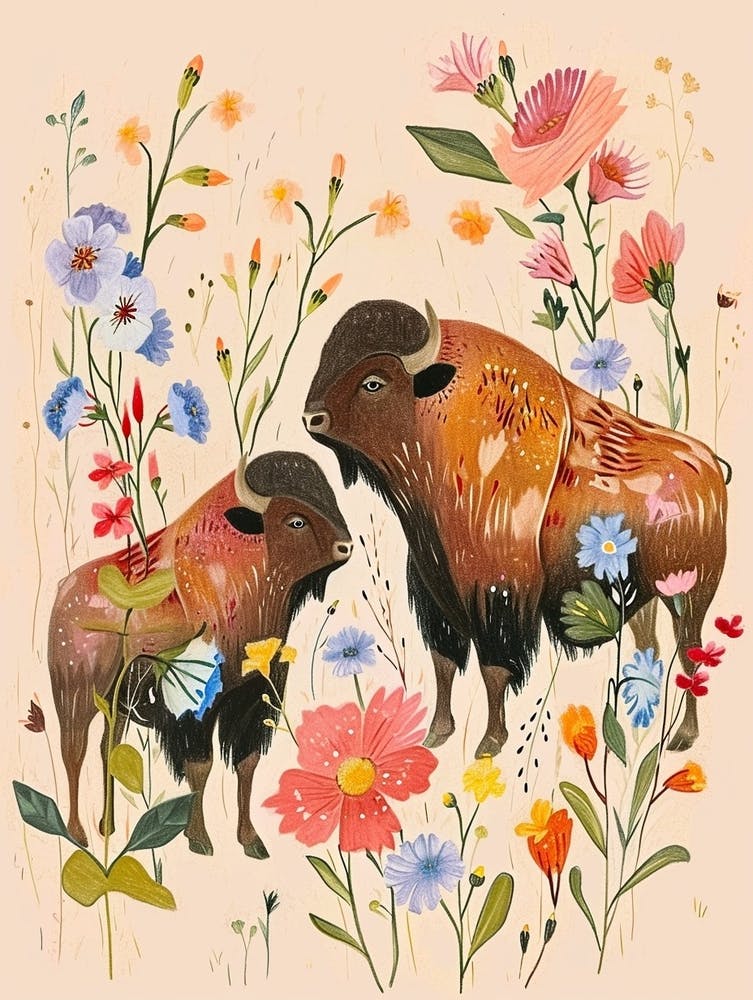 Folksy Floral Animal Drawing Bison 4