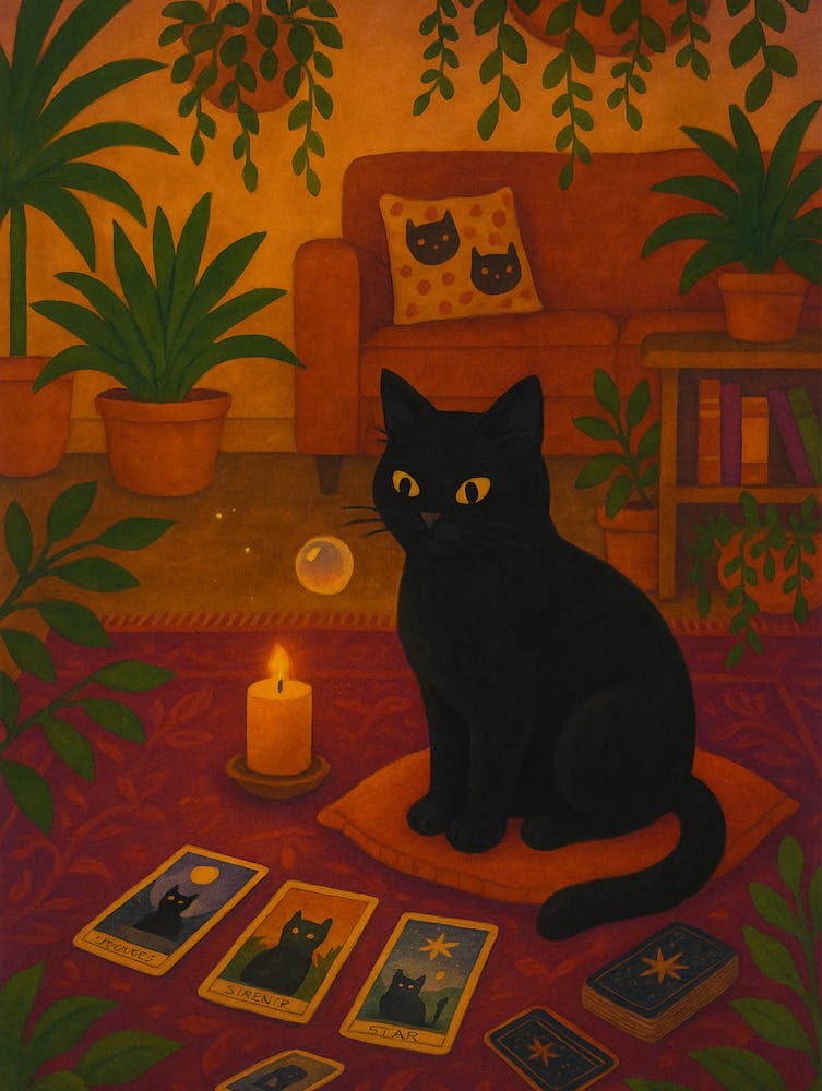 Black Cat Tarot Poster - Witchy Cat Wall Art With Tarot Cards and Candle