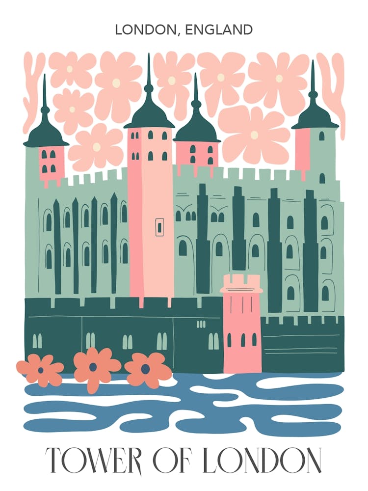 Tower Of London, England   , Travel Poster In Cute Illustration