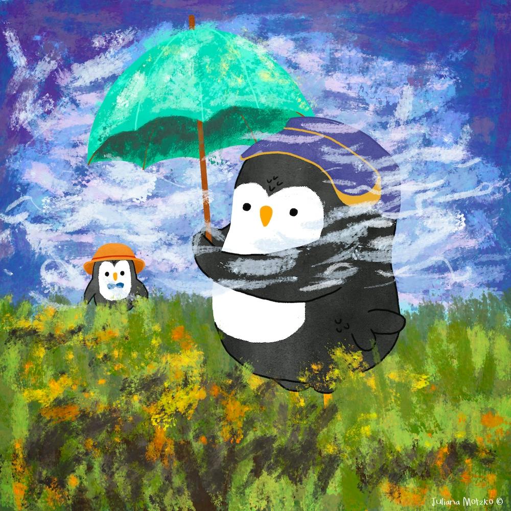 Penguin With Parasol Monet Art Series