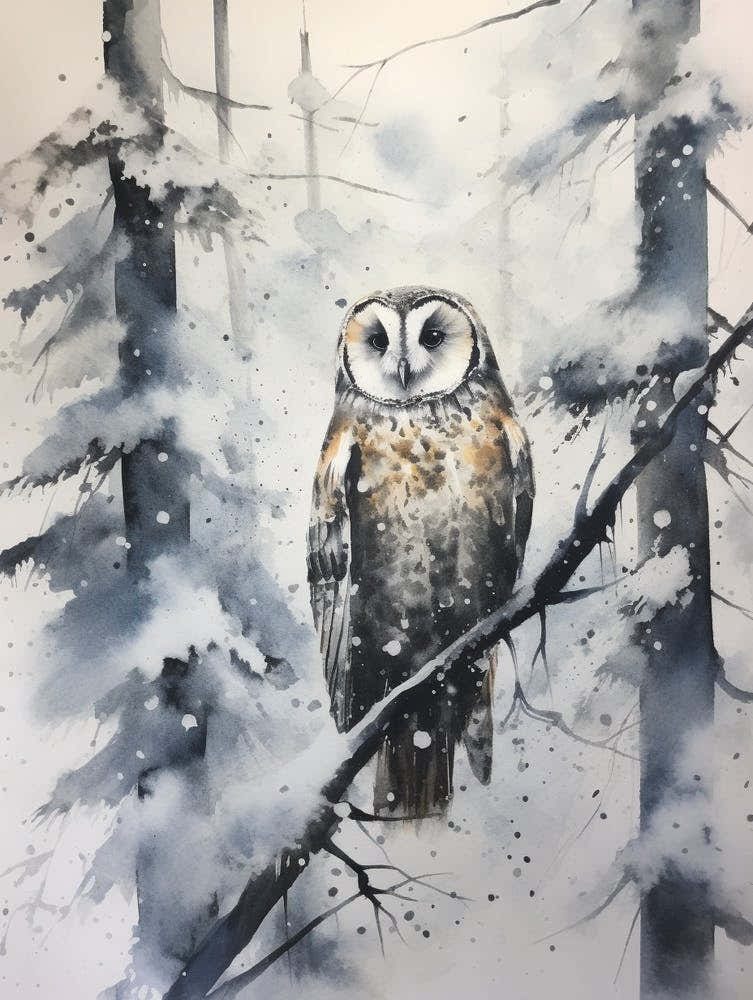 Winter Watercolour Owl 2