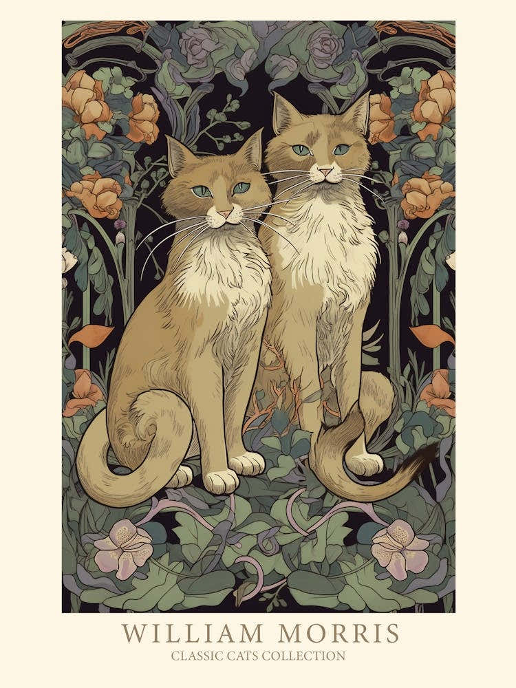 William Morris  Inspired  Classic Cats Orange Cats Floral