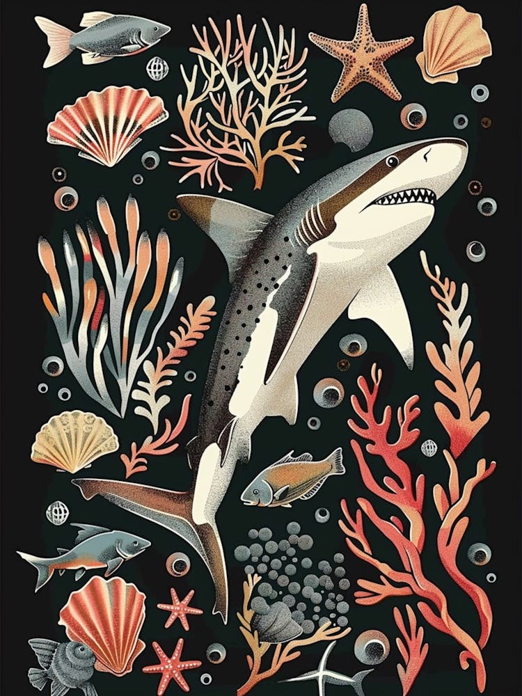 Blacktip Reef Shark Seascape Black Background Illustration 1
