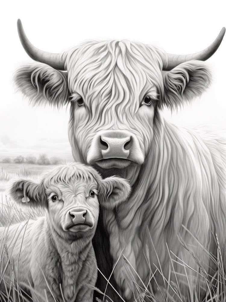 Black & White Illustration Of Highland Cow With Calf 1