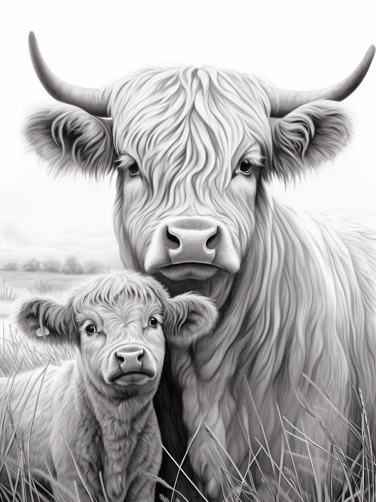 Black & White Illustration Of Highland Cow With Calf 1