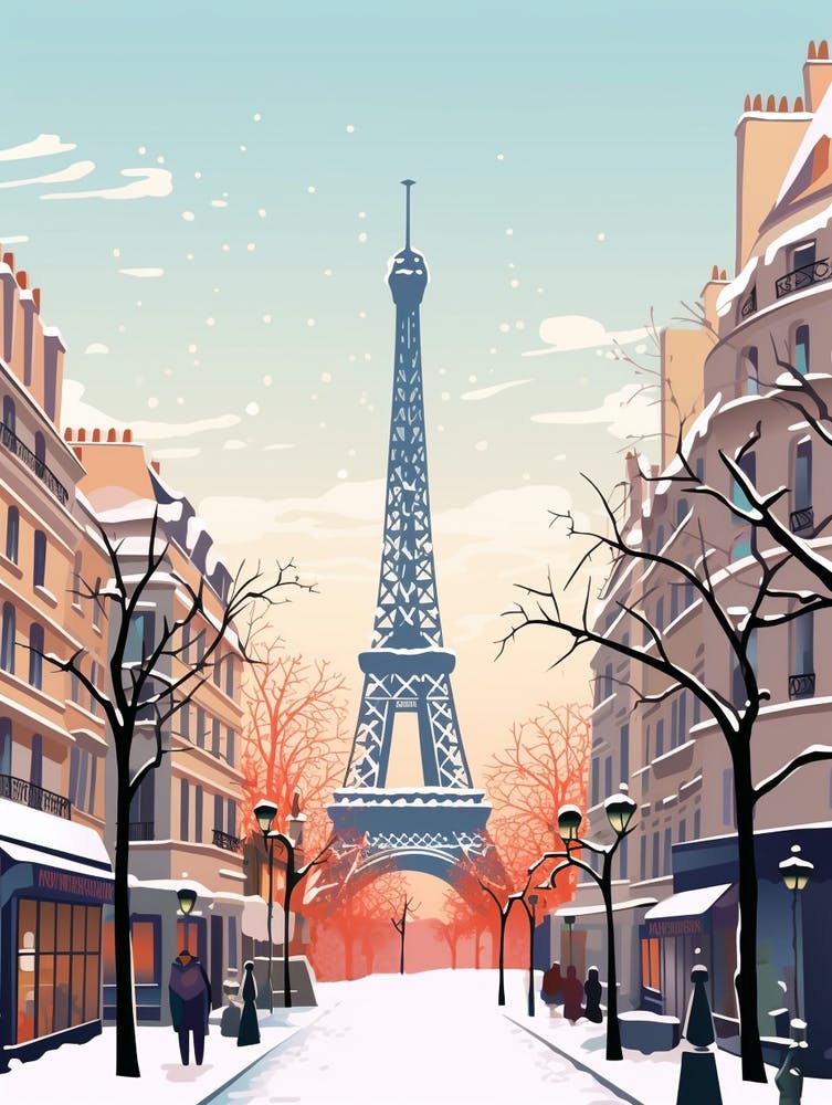 Retro Winter Illustration Paris France 2