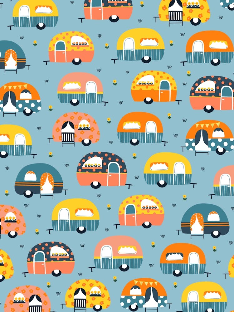 Lines of Cute Colorful Summer Camping Trailers on Light Blue