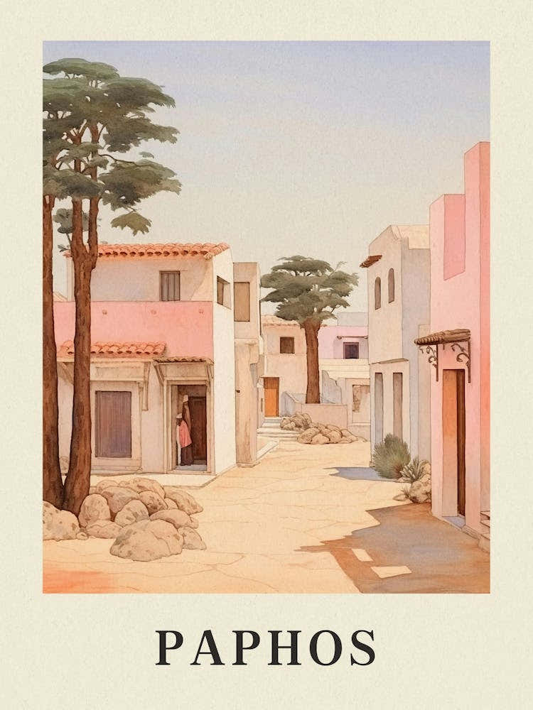 Paphos Cyprus 4 Vintage Pink Travel Illustration Poster