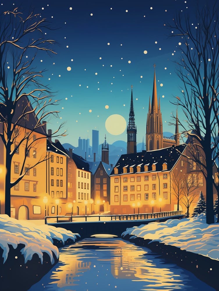 Winter Travel Night Illustration Strasbourg France 2